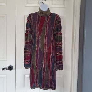 Coogi Australia Sweater Dress 3D Knit Multicolor Long Sleeves Turtleneck Large